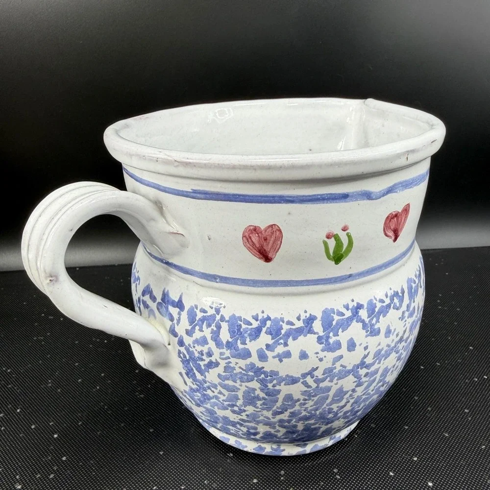 Vintage MM Portugal Hand Painted Terracotta Pitcher Blue‎ Sponge Heart Folk Art